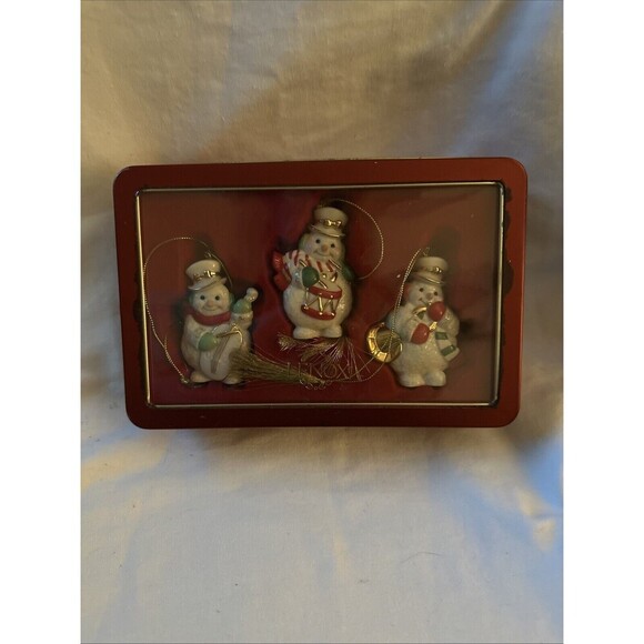 Lenox Set 3 Snowmen Band Christmas Ornaments With Tin Box 2003